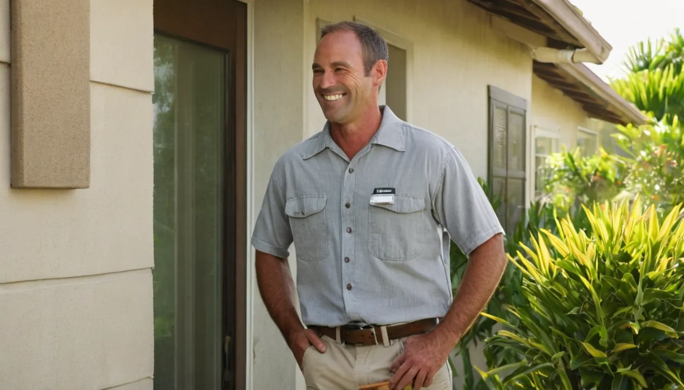 Friendly pest control provider talking with a homeowner at the front door of a concrete block home in the St. Petersburg area